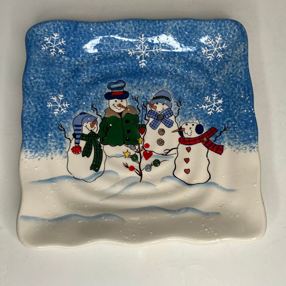 SONOMA LIFE STYLE Button Up Snowman Christmas Square Santa Cookie /Dessert Plate